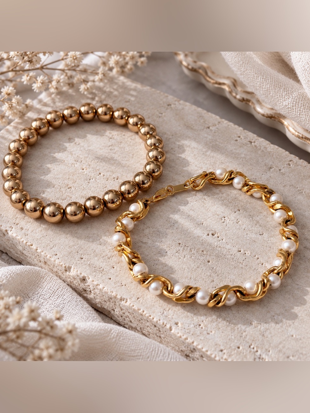 Gold Tone Pearl & Beaded Bracelet Set Vintage Style 2 Piece